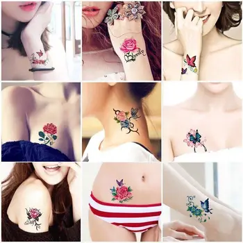 66 Adet Su Geçirmez Geçici Dövme Etiket Kelebek Kuş Gül Çiçek El Kol Bacak Göğüs Sahte Dövme Flaş Dövme Kadınlar Erkekler için