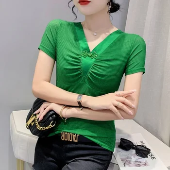 #6929 Siyah Beyaz Yeşil Sıska T Shirt Kadın Kat V Yaka Seksi Kadın T Shirt İnce Yaz kısa kollu tişört Sıkı Kore Tarzı