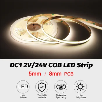 8mm 5mm COB LED şerit ışık 12V 24V Kırmızı Yeşil Buz Mavi Pembe Sarı Beyaz Renk Esnek Bant LED çubuk CRI 90 Ev Dekor için