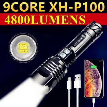 9 Çekirdekli XHP100 En Güçlü LED el feneri USB Şarj LED El feneri XHP90 / P70 Taktik El Feneri P50 El Lambası 26650 Flaş ışığı