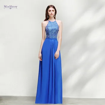 A-line Pullu Kraliyet Mavi Uzun Dantel Akşam Elbise Kadınlar için 2022 Halter Boyun Seksi Backless Örgün Akşam Balo Parti Törenlerinde