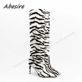 Abesire Zebra şerit Çizmeler üzerinde Kayma Karışık Renk Diz Yüksek Sivri Burun Stiletto ayakkabılar Kadınlar için Yüksek Topuk Yeni Zapatillas Mujer