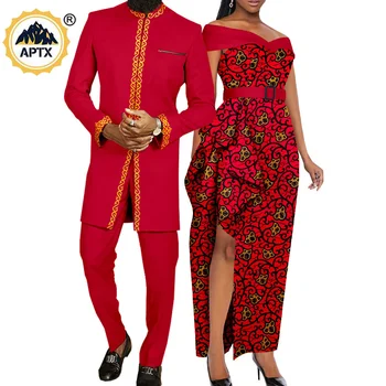 Afrika Çiftler Elbise Bazin Riche Afrika Elbiseler Kadınlar için Maç Erkekler Kıyafetler Üst ve pantolon Setleri Dashiki Parti Vestidos Y22C21