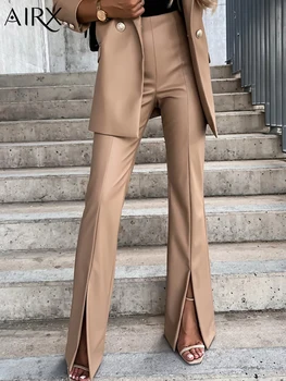 AIRX Sonbahar Ve Kış PU Deri Pantolon Kadın Yüksek Waiste Alevlendi Pantolon Rahat Mizaç Kalça Sarılmış Pantolon Düz Renk