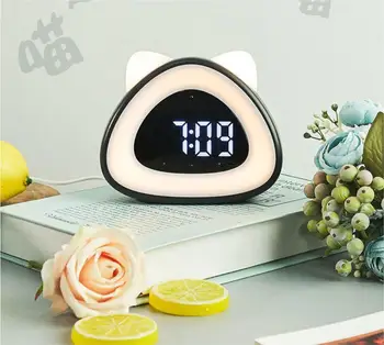 Alarm Horoz Led Dijital Saat Başucu Masa Saati Uyandırma Lambası Kedi Şeklinde Masa Ses Kontrollü Elektronik Saat Termometre İle