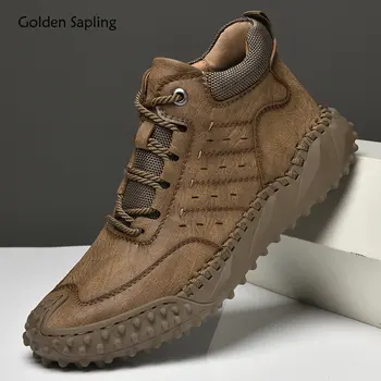 Altın Fidan Kışlık Botlar Retro Açık Ayakkabı Erkekler için Klasik Deri Ayakkabı Moda erkek Botları Yumuşak Kauçuk rahat ayakkabılar