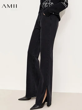 Amii Minimalizm Sonbahar Yüksek Bel Pantolon Kadınlar İçin Moda Bölünmüş Siyah Kot Rahat Düz Kot Pantolon Kadın Pantolon 12140992