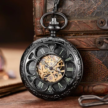 Antika İçi Boş mekanik cep saati siyah ışık el Sarma Fob İzle Zincir Kolye iskelet Steampunk saat Koleksiyonu