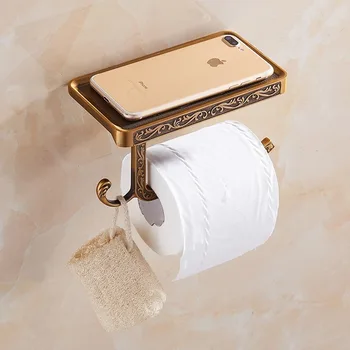 Antika Pirinç rulo kağıt havlu tutucu Banyo mobil tutucu Tuvalet Tssue kağıt rulo tutucu Banyo Depolama Raf Aksesuarı WF