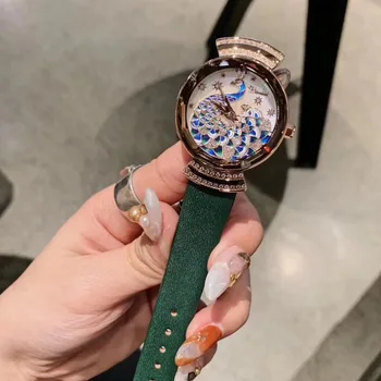 Asil Zarif Kadın Tavuskuşu Saatler Emaye Vintage Parti Bildirimi İzle El Yapımı Boyama Kristaller kol saati Deri Montre