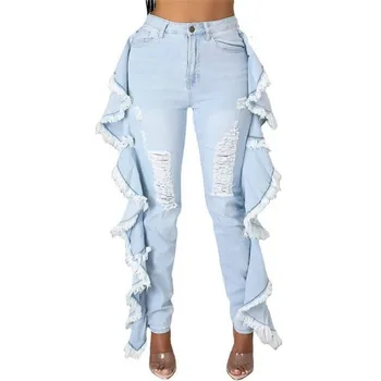 Açık Mavi Yırtık Kot Ruffles Saçaklı günlük pantolon Sıkı Ayak İnce Kot 2021 Kış Yeni Afrika kadın giyim