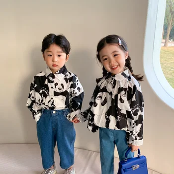 Bahar çocuk panda baskı gömlek Erkek ve kız rahat pamuklu üst giyim Kardeş ve kız kardeşi elbise gömlek elbise