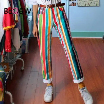 BaQGW 2020 kadın Gökkuşağı Baskılı Sonbahar Kadın günlük pantolon Uzun pantolon Streetwear Vintage Kadın Yüksek Bel Düz