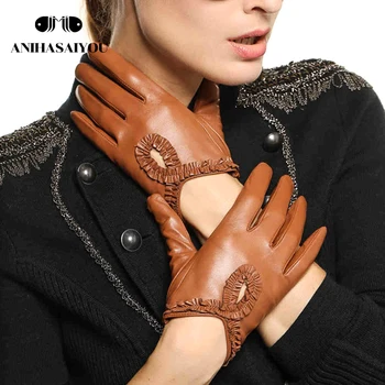 Basit sonbahar deri eldiven kadın Yüksek dereceli Hakiki Deri koyun derisi eldiven dantel sürüş dokunmatik gloves-L097
