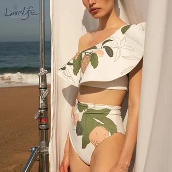 Baskılı Tek omuz Ruffled Mayo Beyaz kadın Takım Elbise Sörf Giyim Baskı Çiçek Batik Dantel Şerit Kesme Sıkı 2022 Lüks