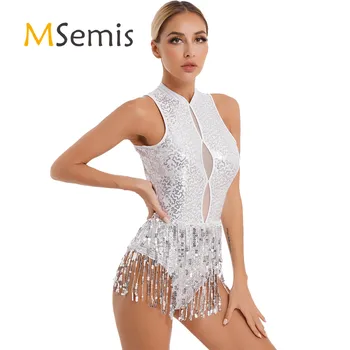 Bayan Balo Salonu Dans Performansı Kostüm Latin Caz Samba Dans Giyim Glitter Sequins Püskül Leotard Kolsuz Parlak Bodysuit
