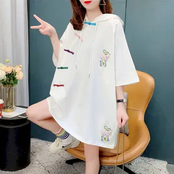 Bayan T Shirt Orta uzunlukta Kapşonlu kısa kollu tişört Yaz 2022 Yeni Kore Tarzı Gevşek Yarım kollu Tişört Kadın Giysileri Trend