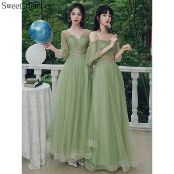 Bayan Çim Yeşil Mezuniyet Elbiseleri Kollu Kadınlar Lace Up Tül Örgün Törenlerinde Kız Parti Düğün Konuk Nedime Elbisesi