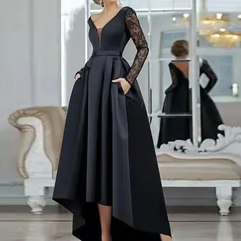 Bayanlar Siyah Saten Abiye V Boyun Dantel Uzun Kollu Seksi Backless elbiseler de soirée vestidos elegantes para mujer فساتين السه