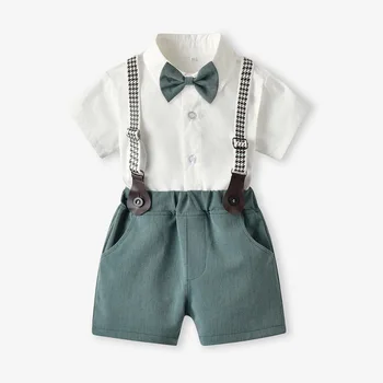 Bebek Erkek Giyim Yaz Kısa Kollu Beyaz Gömlek Yeşil Şort Çocuk Erkek Grupları Düz Renk Yürümeye Başlayan Çocuk Bebek Seti Çocuk Giyim