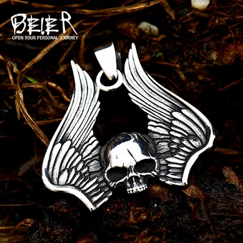 Beier 316L Paslanmaz Çelik Punk Şeytan Kafatası erkek Kolye Kolye Benzersiz Tasarım Kanat Kafatası Yüksek Kalite Takı LLBP8-138P