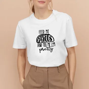 BESLEME BANA TACOS Baskılı kısa kollu tişört Kadın Yaz O-Boyun Pamuklu T Shirt Kadın Rahat Gevşek Tee Gömlek Femme Siyah Beyaz