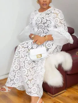 Beyaz Kadınlar İçin Afrika Elbiseler Oymak Zarif 2022 Yeni Müslüman Moda Abayas Dashiki Robe Kaftan Uzun Maxi Elbise Tek Parça
