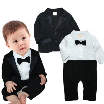 Beyefendi Erkek Bebek Giysileri Siyah Ceket + Çizgili Tulum Giyim Seti Düğme Kravat Takım Elbise Yenidoğan Düğün Takımları CL0008