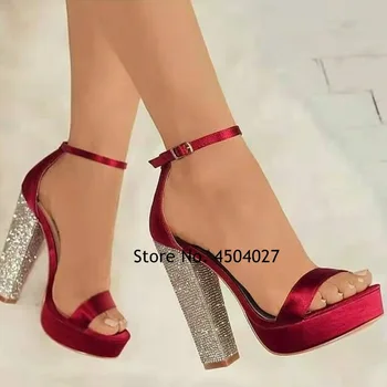 Bling Bling Kristal Tıknaz Topuklu platform sandaletler Ayak Bileği Toka kemerli elbise Ayakkabı Altın Kırmızı Pırıltılı Düğün Pompaları