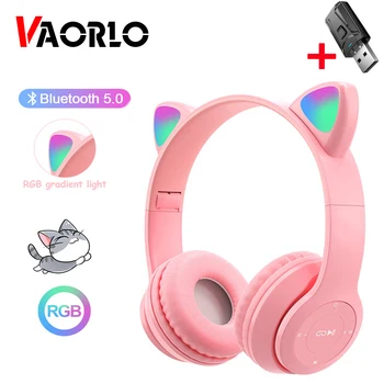 Bluetooth 5.0 kablosuz kulaklıklar RGB Kedi Kulak Kulaklık Katlanabilir Stereo Bas Kulaklık Çocuk Kız Kask Hediye için Micr ile TV Oyunu