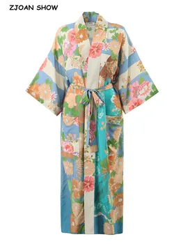 BOHO Yeşil Güzel Kız Çiçek Baskı Uzun Kimono Gömlek Etnik Kravat Yay Sashes Tatil Hırka Gevşek Bluz Plaj Şal Tops