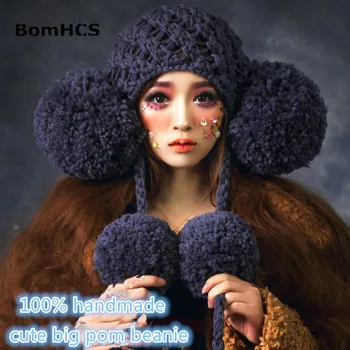 BomHCS Sevimli Kız Kış Sıcak Örme Bere 100% El Yapımı Şapka ile Büyük Poms Caps