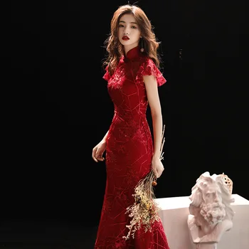 Bordo Düğün Qipao Uzun Cheongsam Modern Çin Geleneksel Elbise Seksi Cheongsam Elbise Robe Chinoise Vestido Oryantal Balo