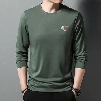 BROWON Moda Erkek T Shirt Sonbahar Uzun Kollu Düz Renk Mektup Baskı T Shirt Erkek Giysileri O-Boyun Düzenli Fit Casual Tops Erkek