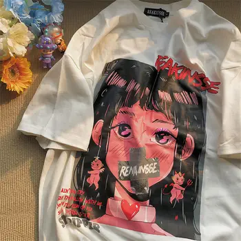 Büyük boy T-Shirt Anime Baskı Grafik Y2k Estetik Kawaii Harajuku Goth Kısa Kollu Grunge Tees Tops Karikatür Kadın Giyim