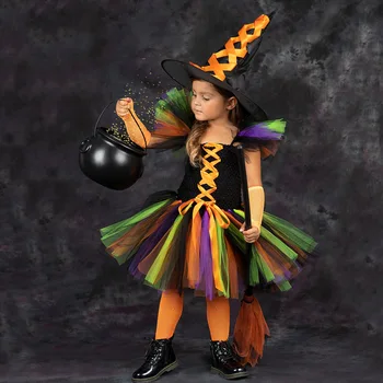 Cadılar bayramı Disguise Cadı Kostüm Çocuk Cosplay Parti Karnaval Festivali Giyinmek Prenses Elbise Sivri Şapka Süpürge Kıyafet