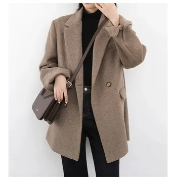 Ceket Kadın Kış Haki Kısa Yünlü Kumaş Kruvaze Palto Kadın Düz Renk Sıcak Giyim Kore sonbahar ceket Yeni