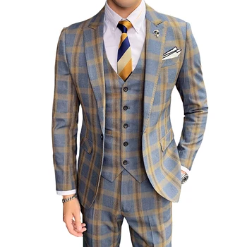 (Ceket + Yelek + Pantolon) sonbahar Haki Gri Ekose Takım Elbise Setleri Erkekler 2020 Klasik Erkek Düğün Takımları Slim Fit Resmi İş Ekose Takım Elbise