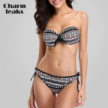 Charmleaks Kadınlar bikini seti Vintage Çiçekli Baskı Mayo Mayo Bandaj Bikini Seksi Push Up Vintage Mayo Beachwear