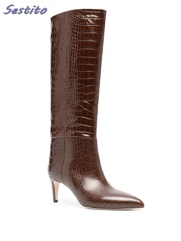 Croc Baskı Sivri Burun Diz Yüksek Çizmeler Stiletto Orta Topuk Çikolata kahverengi Deri Düz Kadın Ayakkabı Moda Sonbahar Kış Yeni