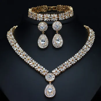 CWWZircons Özel Dubai altın tabak Mücevher Lüks Kübik Zirkonya Kolye Küpe Bilezik Parti takı seti Kadınlar ıçin T053
