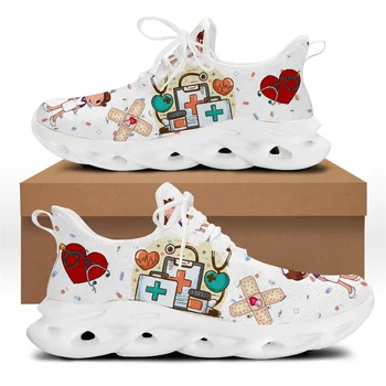 CYWGIFT marka tasarım kadın Sneakers beyaz hemşirelik ayakkabı sevimli karikatür hemşire doktor tıbbi baskı ışık dantel-up Flats ayakkabı