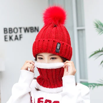 D & T 2021 Yeni Moda Kış Bayanlar Sevimli Kürk Topu Artı Kadife Sıcak esnek kemer Önlük Örme İki Parçalı Yün Şapka