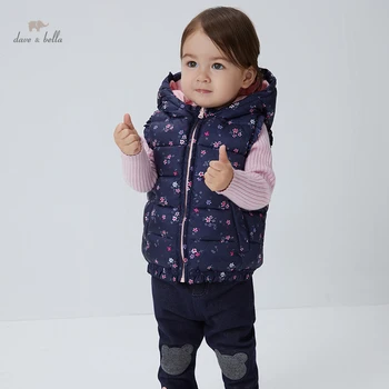 DBS19080 dave bella kış bebek kız sevimli çiçek cepler kapüşonlu ceket çocuk moda çocuk kız kolsuz yelek