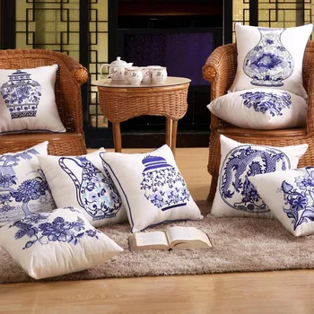 Dekoratif Pamuk minder örtüsü Çin Mavi-beyaz Porselen, 43X43Cm, Çin kanepe minder örtüsü, Atmak Yastık Kılıfı İşlemeli