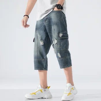 Delik Şort erkek Yaz Kırpılmış Kot Düz Gevşek Kargo Pantolon Erkek Nostaljik Denim Jean Pantolon Adam Erkek Kovboy Giyim