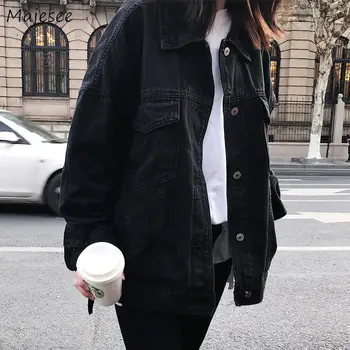 Denim Ceket Kadınlar Siyah Katı Basit Tüm Maç Rahat Gevşek İnce Bayan Ceket ve Mont Harajuku BF Vintage Streetwear Şık