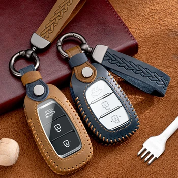 Deri Anahtar Kutusu Kapağı Anahtarlık Tutucu Hyundai 3 Düğme için Yeni Santa Fe Tucson Elantra Mıstra Ix35 Verna Fısta Anahtarlık Kabuk