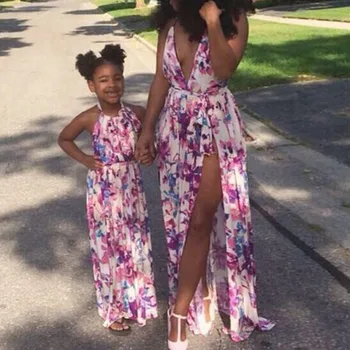 Derin V Yaka Anne Kızı Elbiseler Yaz Kolsuz Yüksek Bölünmüş Elbise Anne ve Ben Aile Eşleştirme Giyim Aile Bak Kıyafetler