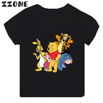 Disney Çocuk T-shirt Winnie the Pooh Karikatür Kız Elbise Bebek Erkek Sevimli Ayı Kaplan Siyah T shirt Yaz Çocuk Üstleri, TH5488
